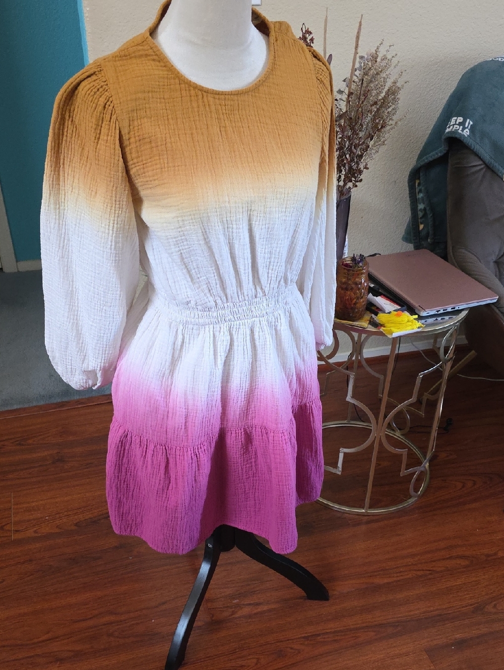 Universal Thread Mustard Gauze Tiered Dress with Puff Sleeves